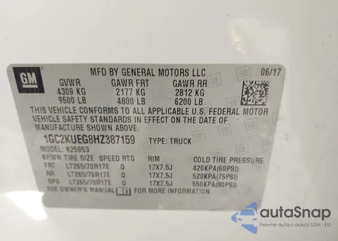 2017 Chevrolet Silverado 2500Hd Wt z USA, uszkodzony, nr VIN 1GC2KUEG8HZ387159